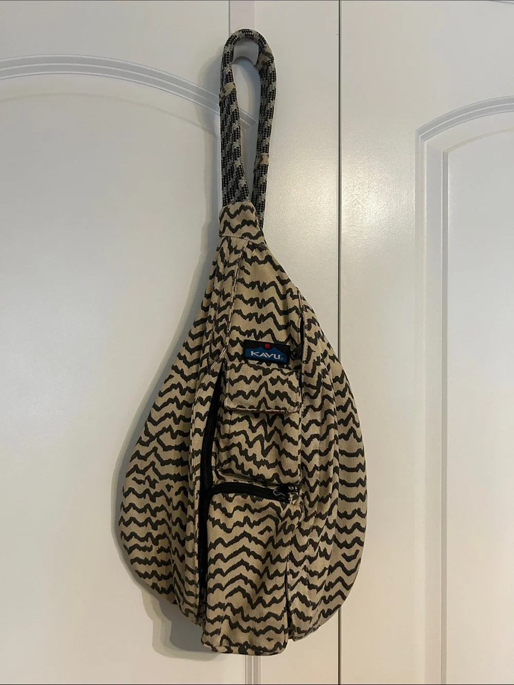 Kavu Tan Canvas Sling Bag with Black Zigzag